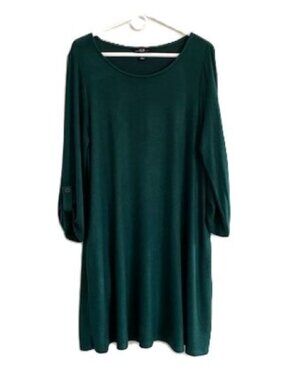 AGB Forest Green Fleece Knit Swing Dress with 3/4 Button Sleeves